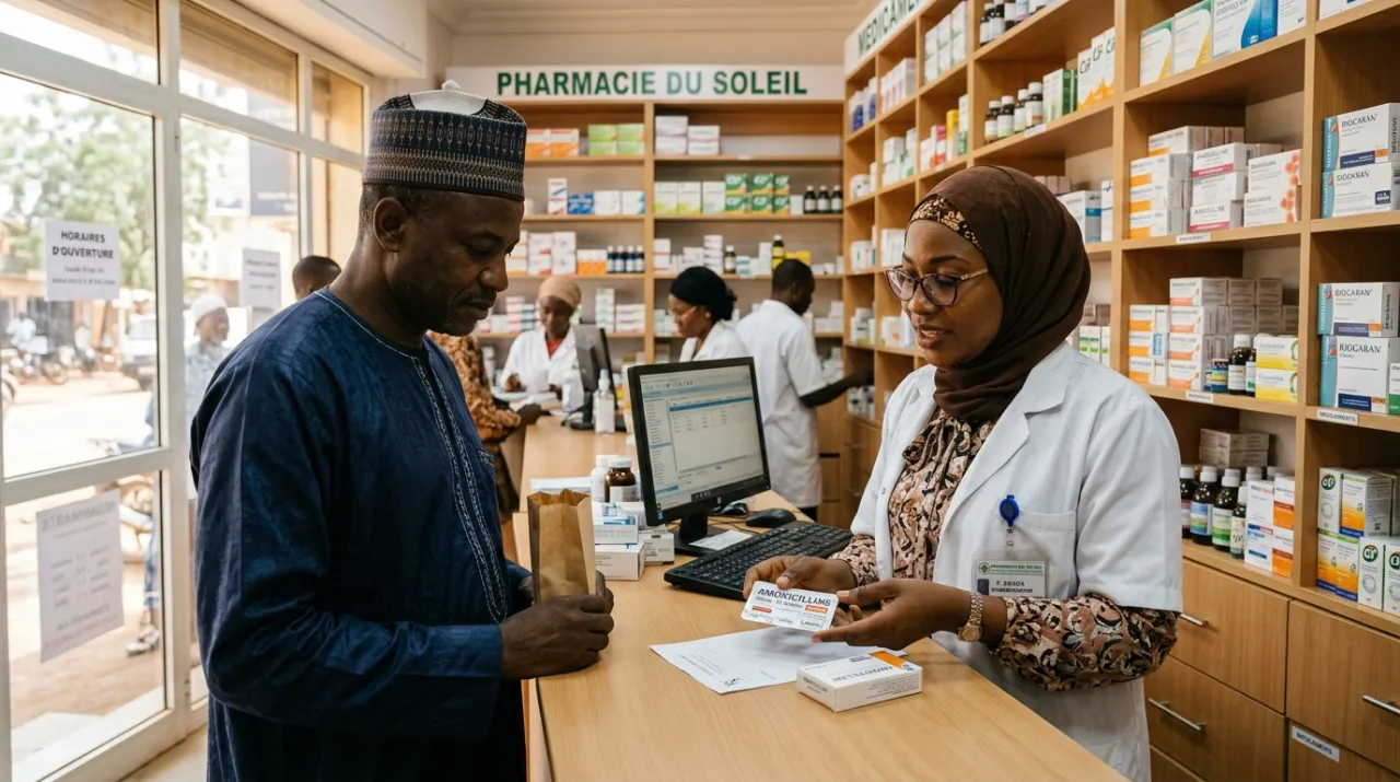 Pharmacienne à Niamey expliquant une prescription d'amoxicilline à un patient en tenue traditionnelle