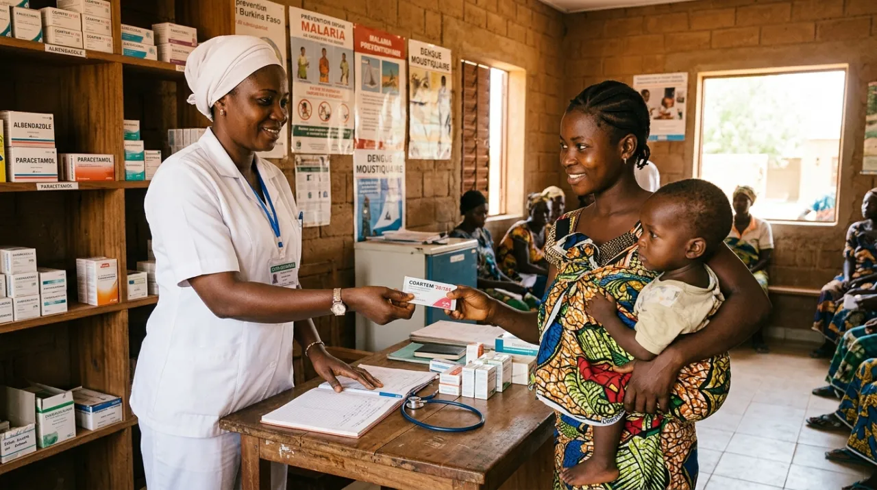 Infirmière dans un centre de santé au Burkina Faso remettant un traitement antipaludéen à une mère et son enfant