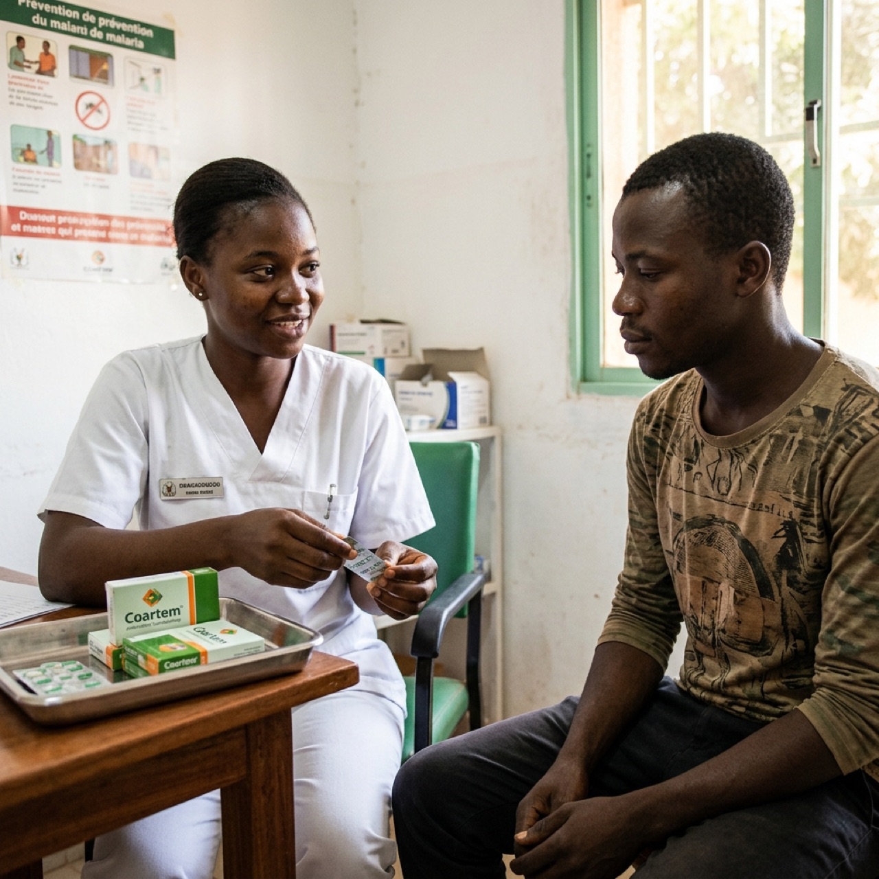 Une infirmière de Ouagadougou explique le protocole Coartem à un patient dans un centre de santé