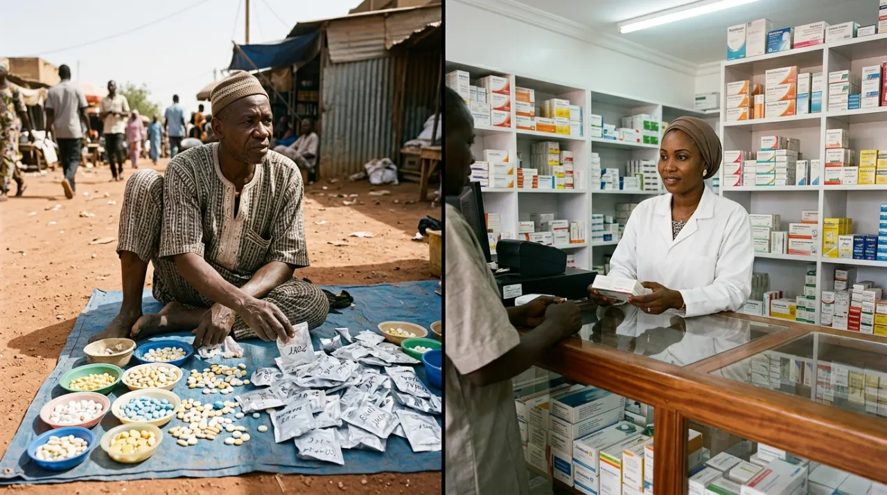 Contraste entre un vendeur informel de médicaments à même le sol sur un marché au Niger et une pharmacie agréée moderne en zone UEMOA