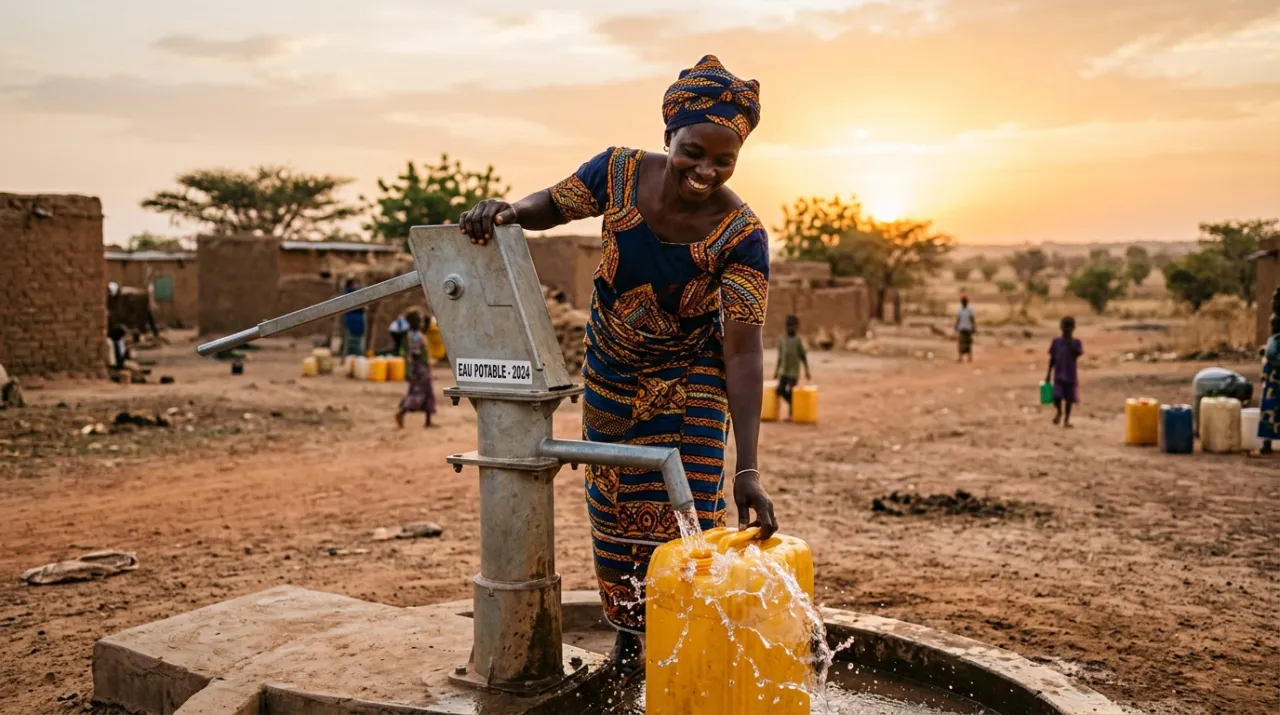 Femme sahélienne remplissant un bidon d'eau claire à une pompe communautaire au lever du soleil