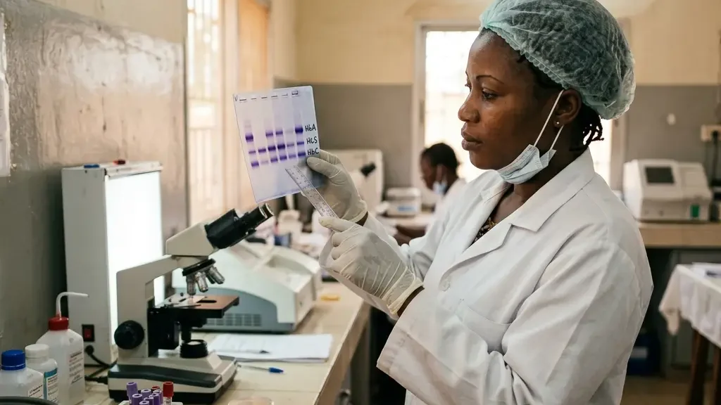 Technicienne de laboratoire en Afrique de l'Ouest examinant un gel d'électrophorèse montrant les bandes HbA, HbS et HbC