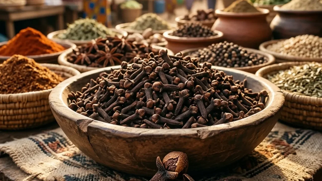 Clous de girofle séchés présentés dans un bol en bois sur un étal de marché en Afrique de l'Ouest, entourés d'autres épices