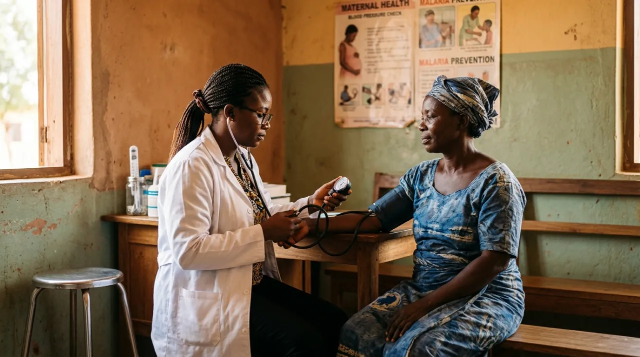 Professionnelle de santé mesurant la tension artérielle d'une patiente dans un centre de santé communautaire en Afrique de l'Ouest