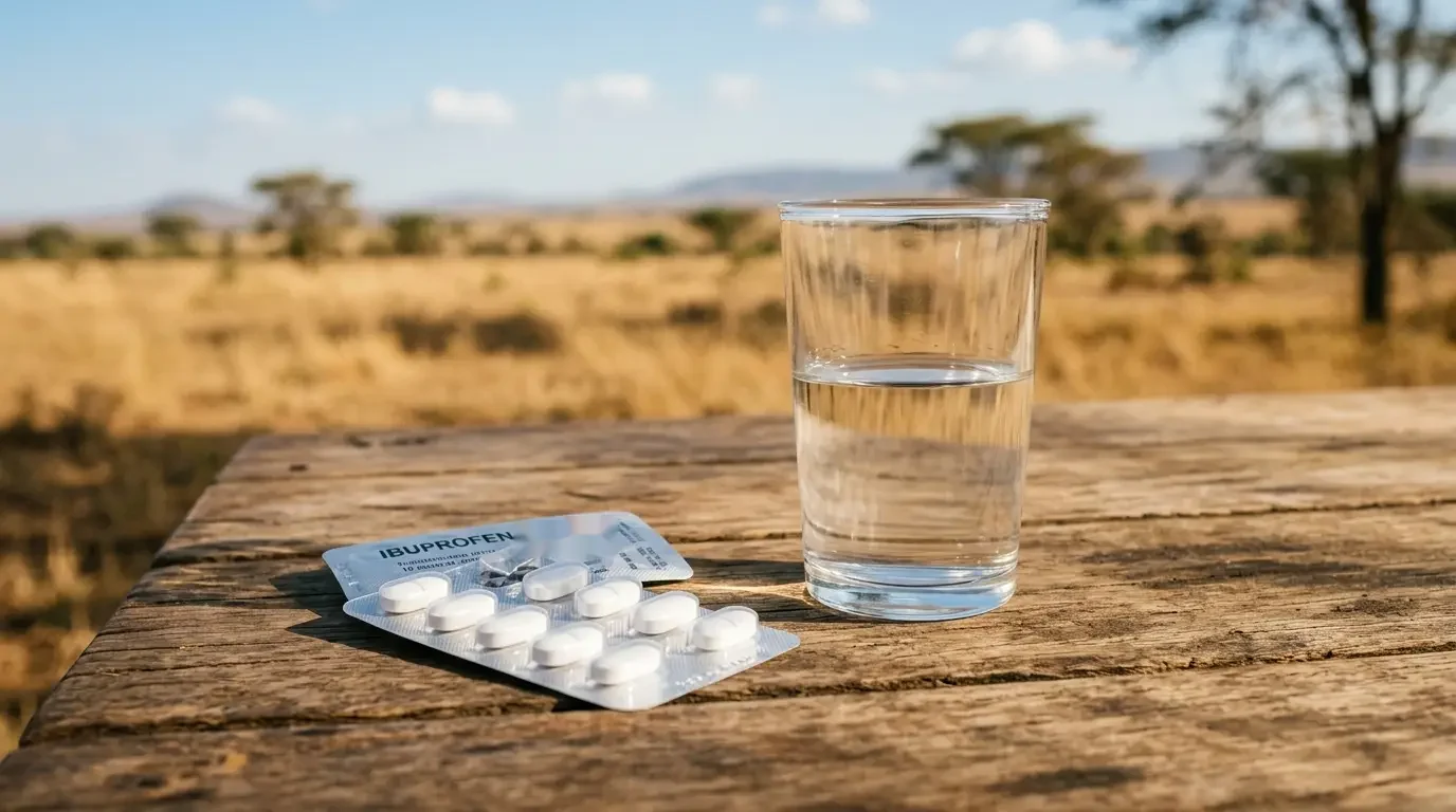 Plaquette d'ibuprofène posée à côté d'un verre d'eau sous un soleil intense en Afrique de l'Ouest