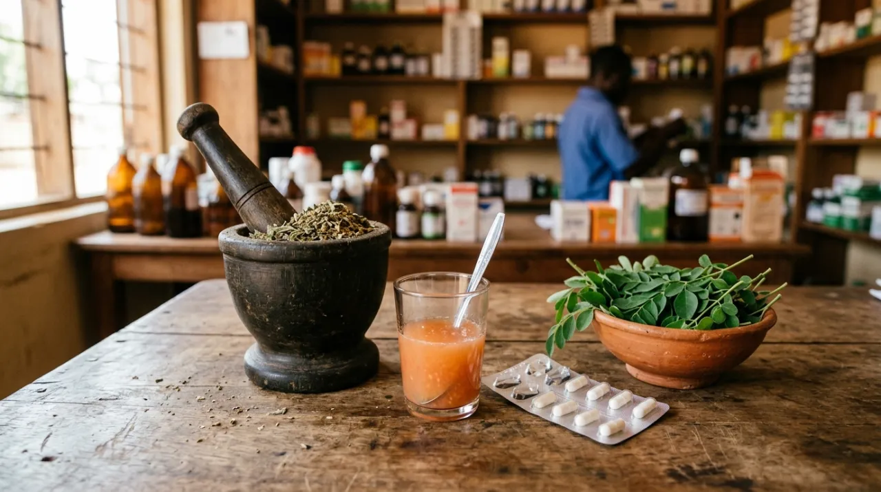 Mortier traditionnel, jus de fruit, plaquette de comprimés et légumes verts sur un comptoir de pharmacie en Afrique de l'Ouest — illustration des interactions médicament-aliment