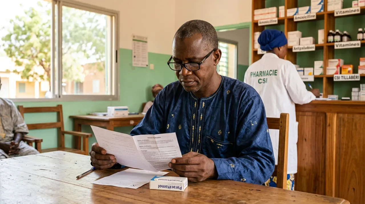 Patient nigérien portant des lunettes de lecture, assis dans un CSI de Tillabéri, lisant attentivement une notice de médicament posée devant une boîte de paracétamol
