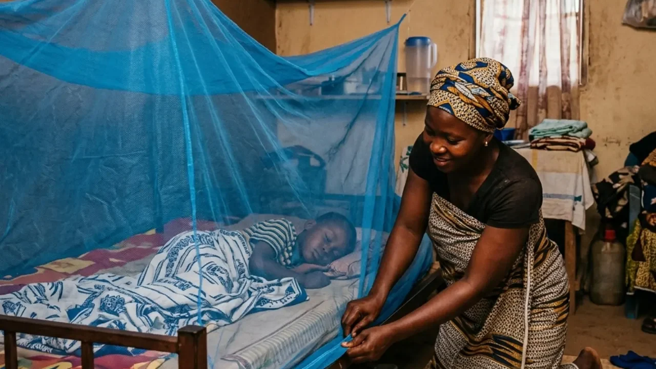 Une mère nigérienne borde soigneusement les bords d'une moustiquaire imprégnée bleue autour du lit de son enfant endormi