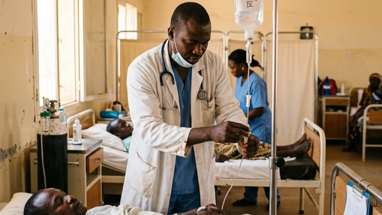 Médecin surveillant l'administration d'artésunate en perfusion intraveineuse à un patient atteint de paludisme grave dans un service hospitalier en Afrique de l'Ouest