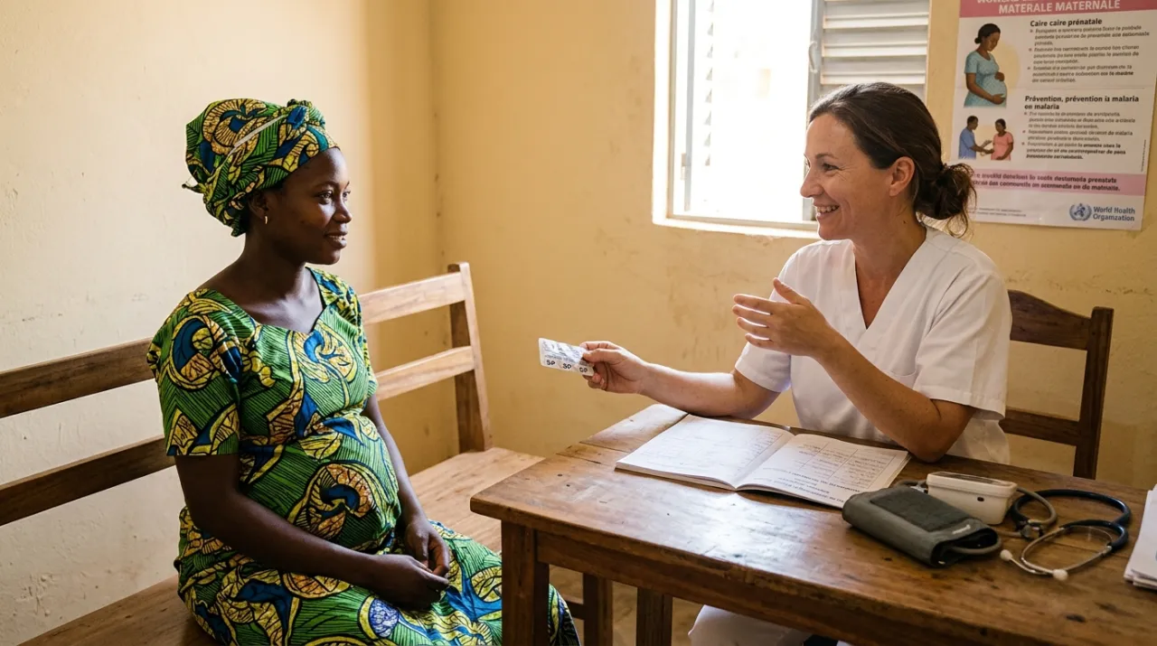 Une sage-femme remet des comprimés de sulfadoxine-pyriméthamine (TPI) à une femme enceinte en pagne coloré lors d'une consultation prénatale dans un centre de santé au Niger