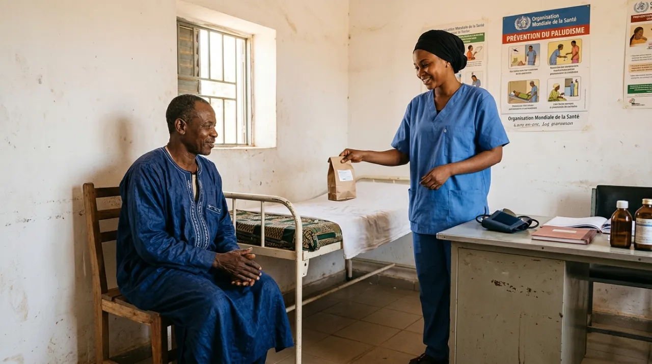 Une infirmière en blouse bleue remet un traitement antipaludéen à un patient en boubou dans une salle d'infirmerie à Niamey, Niger