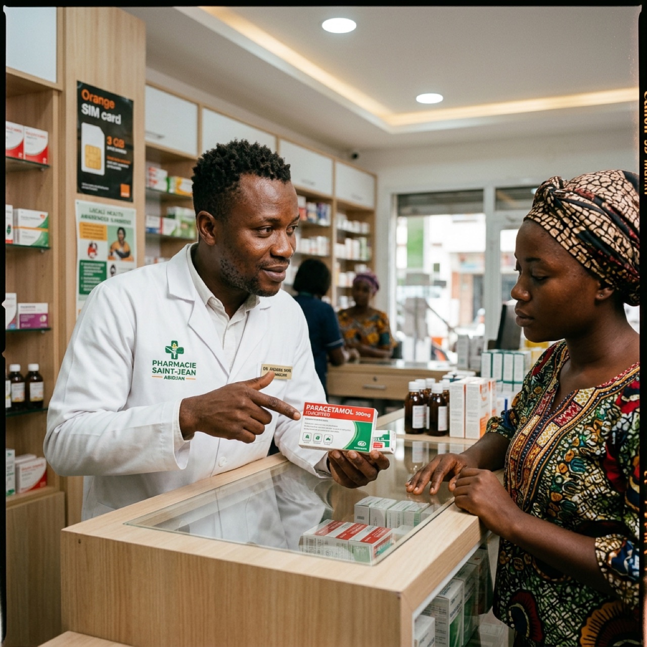 Un pharmacien à Abidjan explique la posologie du paracétamol à une patiente attentive