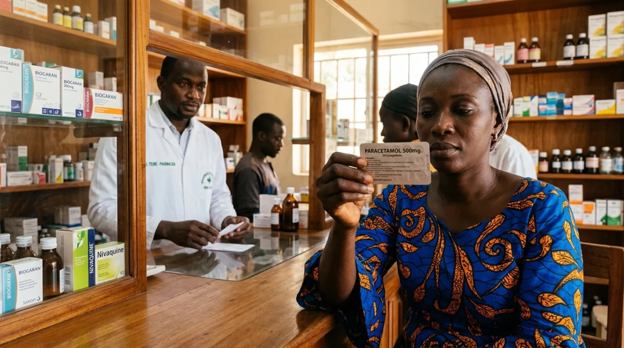 Femme ouest-africaine lisant attentivement la notice d'un blister de paracétamol 500 mg dans une pharmacie, pharmacien en arrière-plan