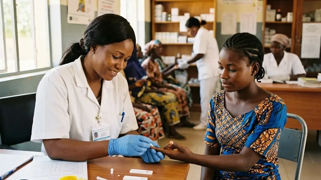 Une soignante réalise un test de dépistage rapide de l'hépatite B par prélèvement capillaire dans un centre de santé en Afrique de l'Ouest