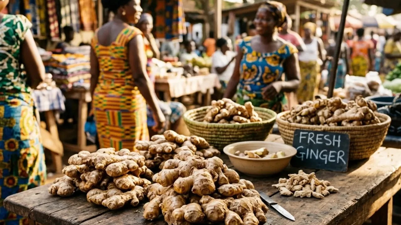 Rhizomes de gingembre frais (Zingiber officinale) disposés sur une table en bois sur un marché d'Afrique de l'Ouest.
