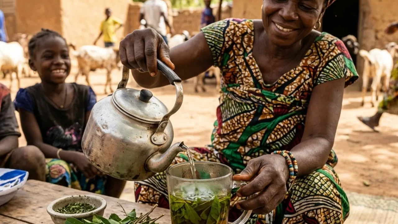 Infusion traditionnelle de kinkéliba dans une tasse au Sahel, symbolisant son usage populaire en Afrique de l'Ouest.