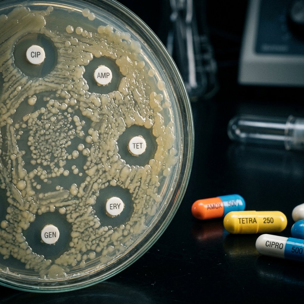 Des gélules d'antibiotiques posées en laboratoire à côté d'un antibiogramme montrant clairement des bactéries résistantes aux traitements de référence