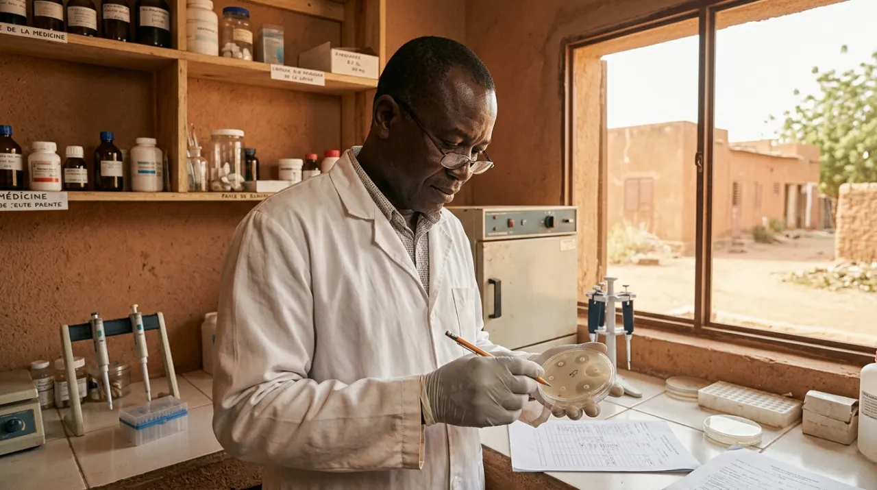 Biologiste en blouse blanche lisant un antibiogramme sur boîte de Petri dans un laboratoire de district sahélien