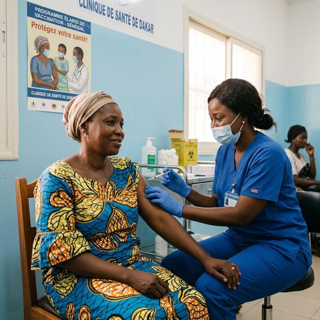 Un agent de santé administrant un vaccin à une femme adulte dans un environnement clinique propre en Afrique de l'Ouest
