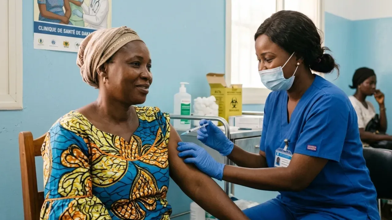 Agent de santé administrant un vaccin au bras d'une femme adulte dans un centre de santé d'Afrique de l'Ouest
